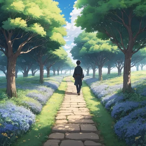 Prompt: a man walking down a beautiful path. anime art drawing