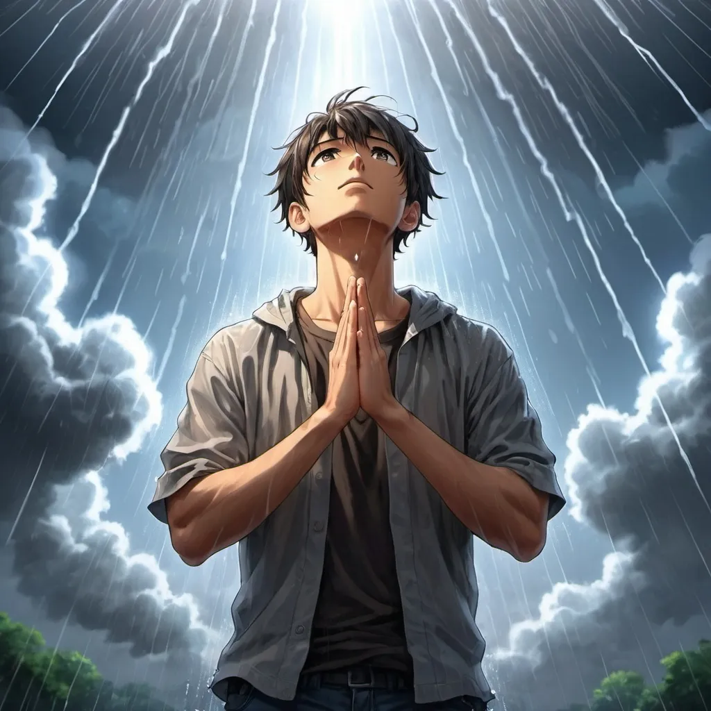 Prompt: anime art. a strong young man looking up rainy. Heavily raining, cloudy, glowing beam from above. strengthened by God. praying hands.