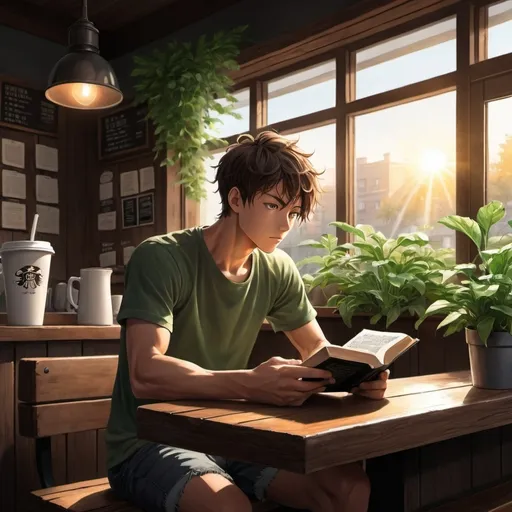 Prompt: anime art. strong young man siting at a dark wooden counter in a coffee shop, reading Bible, sun rising throw Windows, green plants.