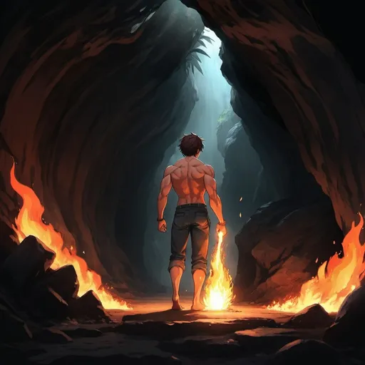 Prompt: anime art. a muscular young man facing walking into a dark tropic cave with a flaming torch.