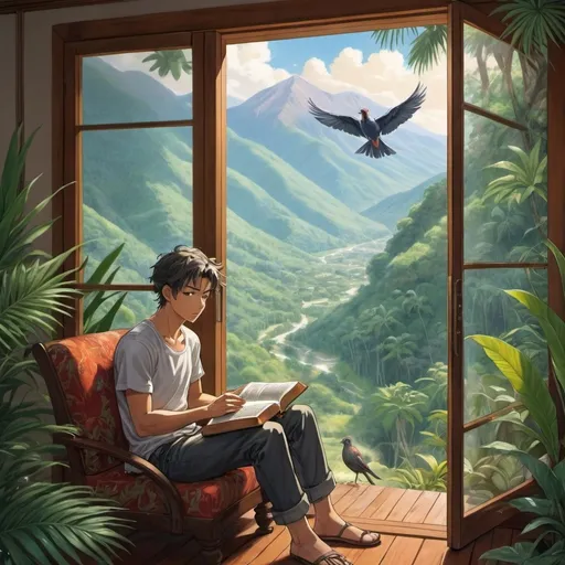 Prompt: anime art. a strong young man siting reding the bible in the tropical mountains, breck House with glass doors birds ranging