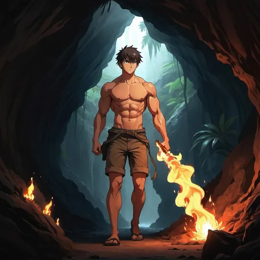 Prompt: anime art. a muscular young man facing walking into a dark tropic cave holding a flaming torch high.