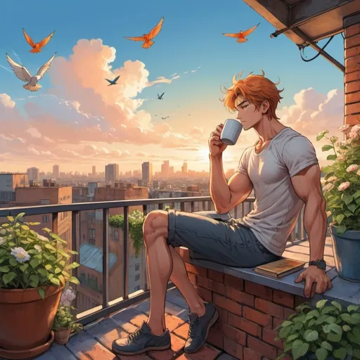 Prompt: anime art. strong muscular kind young man sitting on a city roof top balcony wood and brick reading, drinking steaming coffee, table chair, green plants vine flowers birds singing. big colorful city orange and blue skies.