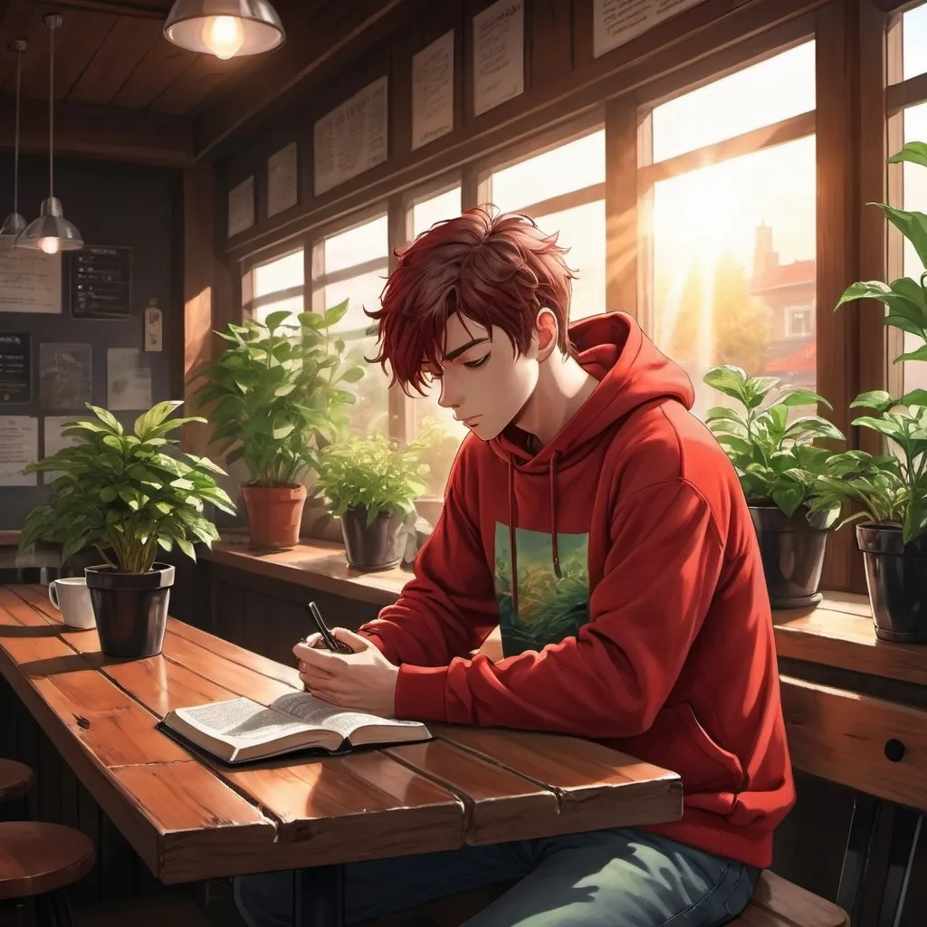 Prompt: anime art. strong young man in a sweatshirt red sitting at a dark wooden counter in a coffee shop, smelling, reading Bible happy, sun rising throw Windows, green plants. steaming coffee. good smells. peaceful