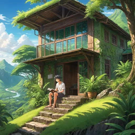 Prompt: anime art. a strong young man siting reding the bible in the tropical mountains, breck House with glass doors 