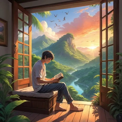 Prompt: anime art. a strong young man siting reding the bible in the tropical mountains, breck House with glass doors birds sunrise 