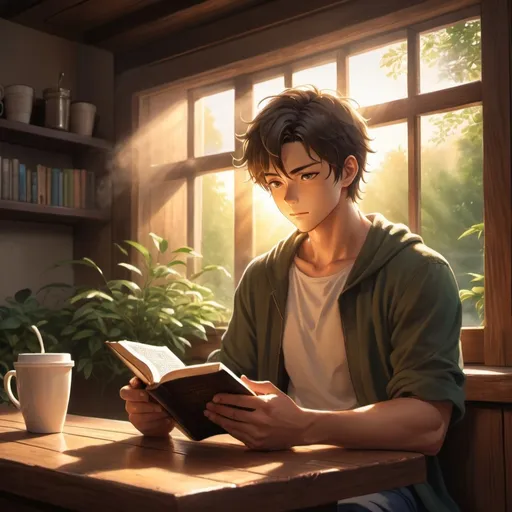 Prompt: anime art. strong young man siting at a dark wooden counter in a coffee shop, reading Bible, sun rising throw Windows, green plants. steaming coffee. good smells.