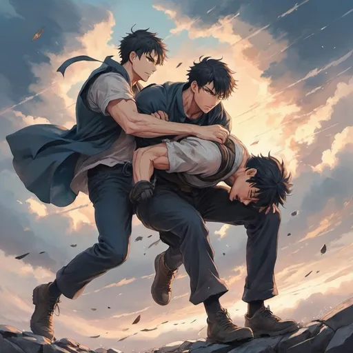 Prompt: a strong man saving another man from falling. anime art painting