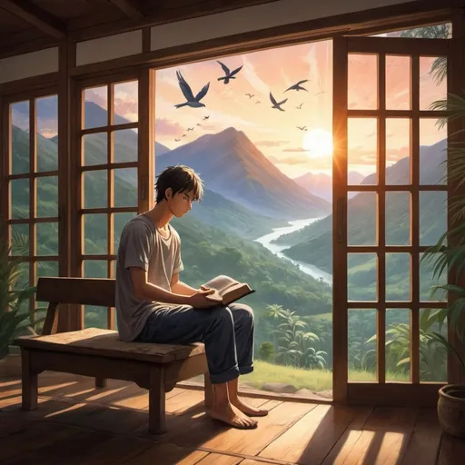 Prompt: anime art. a strong young man siting reding the bible in the tropical mountains, breck House with glass doors birds sunrise 