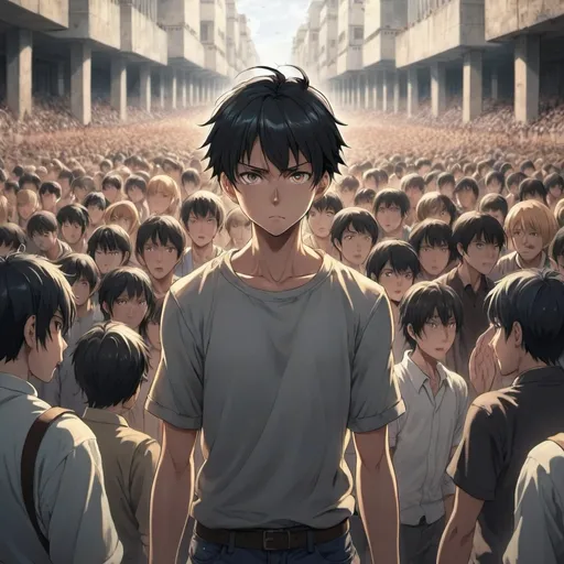 Prompt: anime art. a strong young man fearing 
God and turning away from an evil crowd.