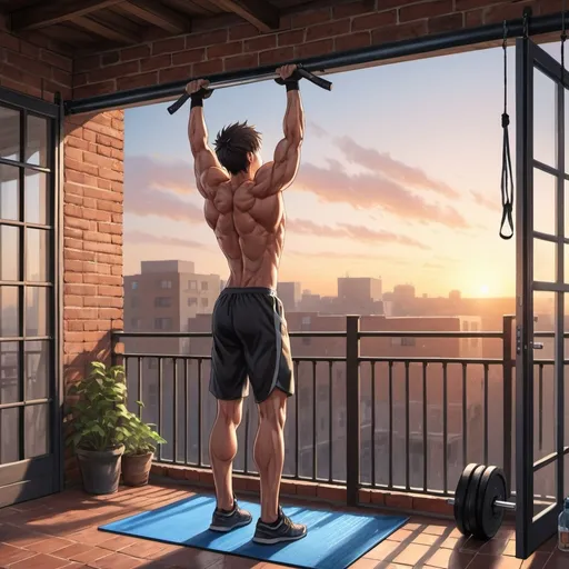 Prompt: anime art. strong young man doing pullups on a pullup bar in a brick balcony with glass doors. sunrise workout mat, parallaxes, dumbbells, water bottle. sweat 