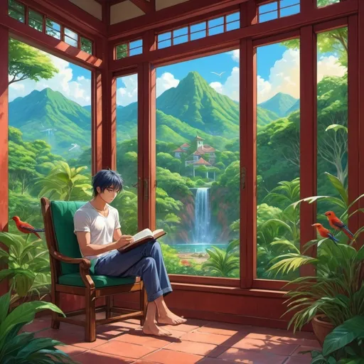 Prompt: anime art. a strong young man siting reding the bible in the tropical mountains, breck House with glass doors birds ranging