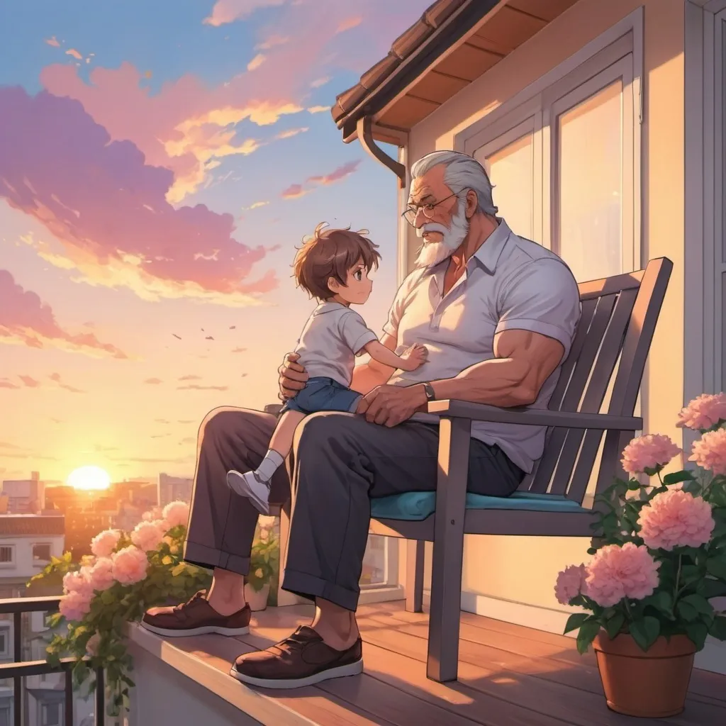 Prompt: anime art. a child loving a strong muscular fatherly kind older man. sitting on a beautiful balcony chair, flowers, sunset, fluffs floating in the air, loving child. colorful nook
 
