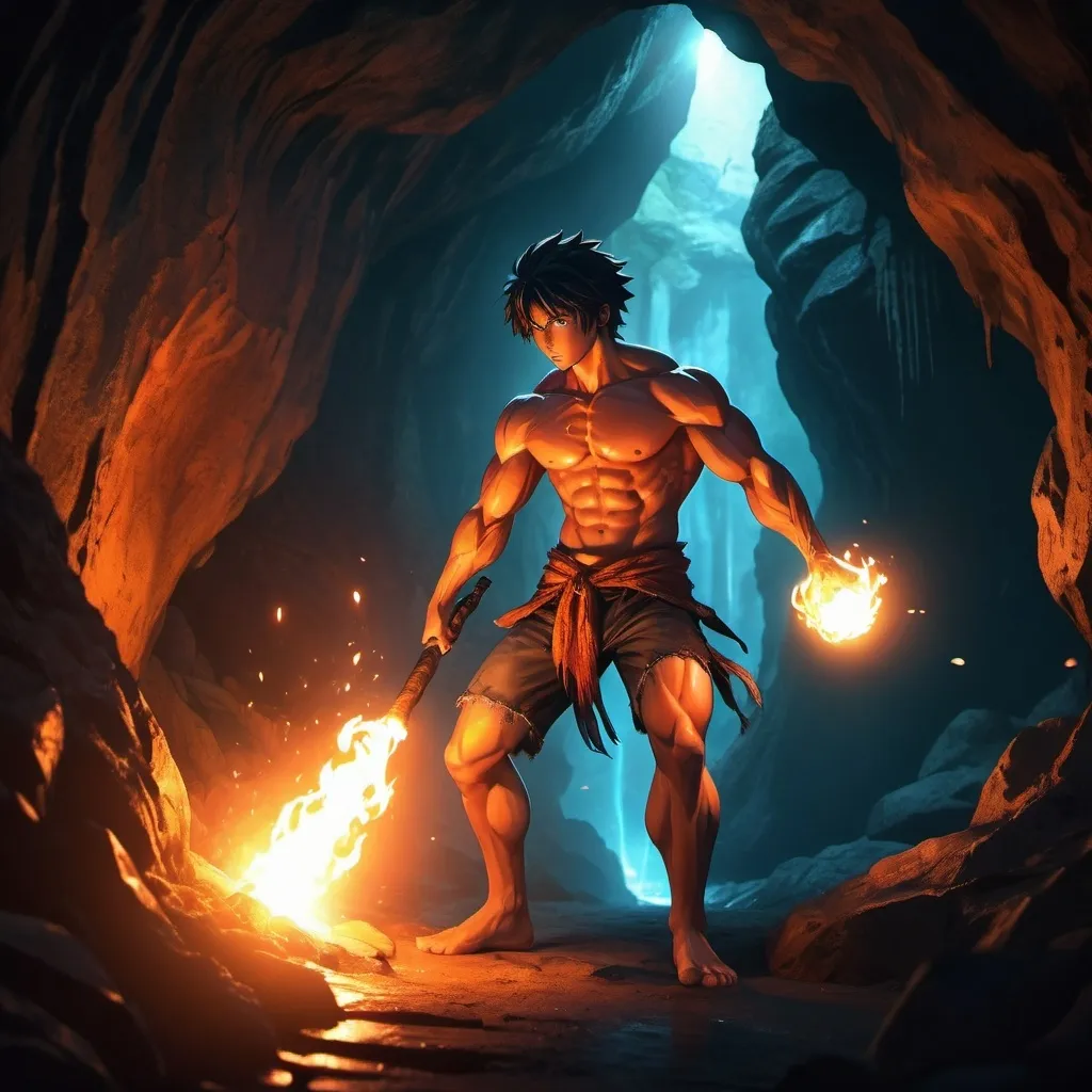 Prompt: anime art. a muscular young man facing walking into a dark tropic cave with a flaming torch.