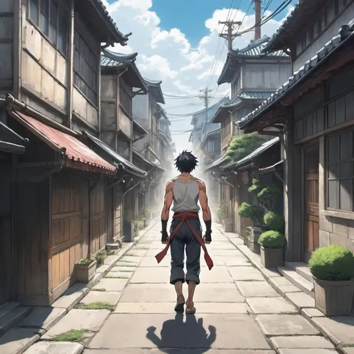 Prompt: a strong fighter walking down a beautiful street. anime art drawing