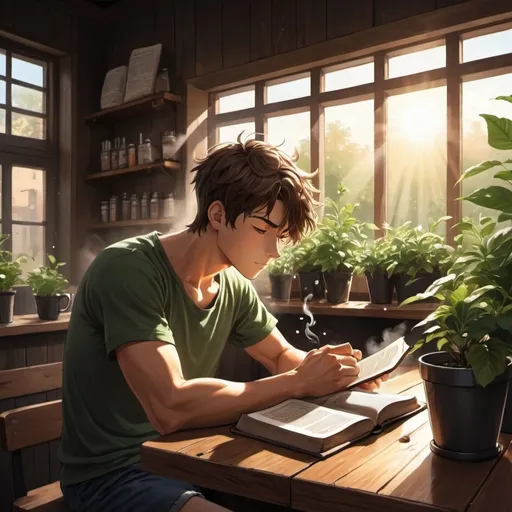 Prompt: anime art. strong young man sitting at a dark wooden counter in a coffee shop, smelling, reading Bible happy, sun rising throw Windows, green plants. steaming coffee. good smells.