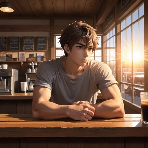 Prompt: anime art. strong young man siting at a wooden counter in a coffee shop, Bible, sun rising throw Windows