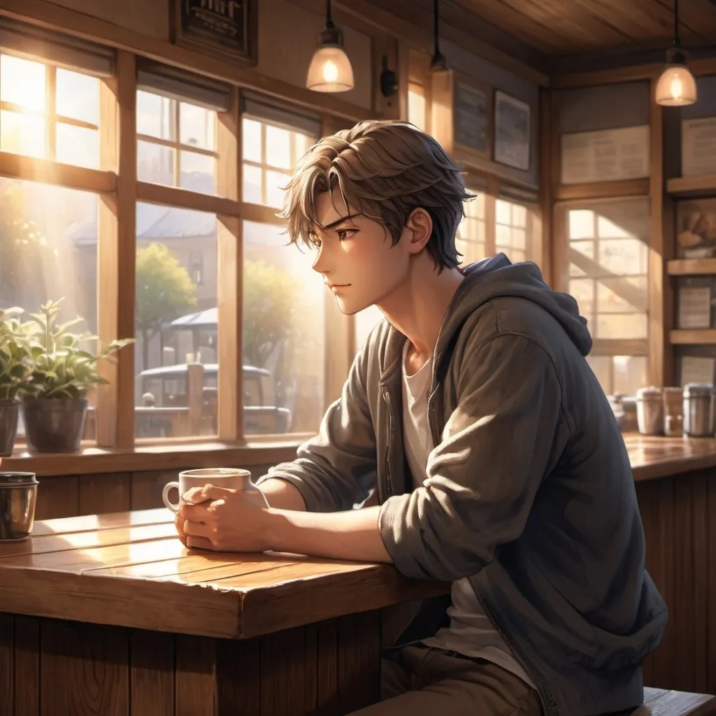 Prompt: anime art. strong young man siting at a wooden counter in a coffee shop, Bible, sun rising throw Windows