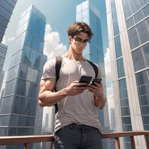 Prompt: anime art. a smart strong muscular young man with glasses standing on a balcony looking at his phone, over a street in between glass skyscrapers