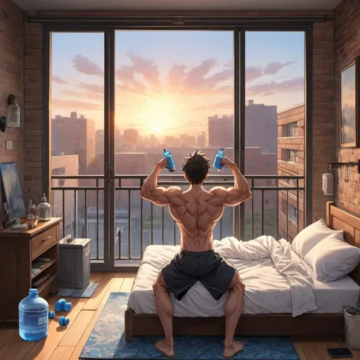 Prompt: anime art. strong young man waking up in bed background= water bottle pullup bar in bedroom a brick balcony with glass doors, bead and phone, earbuds, bible, notebook, Classic Art on wall. sunrise workout mat, dumbbells water bottle. fresh breeze