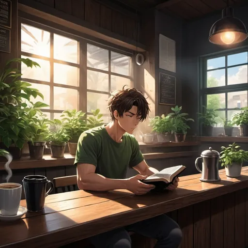 Prompt: anime art. strong young man siting at a dark wooden counter in a coffee shop, reading Bible, sun rising throw Windows, green plants. steaming coffee. good smells.