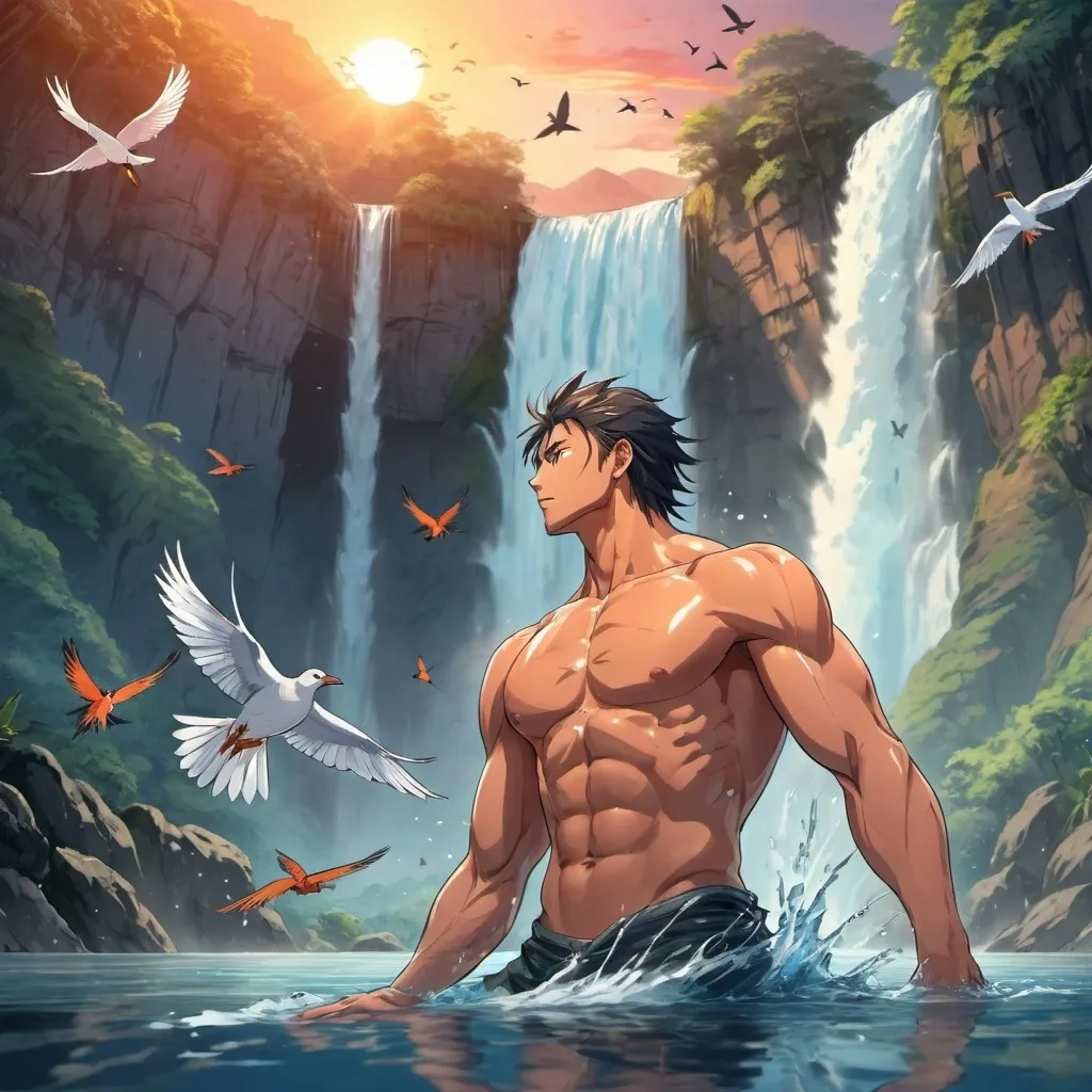 Prompt: anime art. a strong muscular young warrior swimming in his back at peace, and happy invigorated. beautiful waterfall from a tropical mountain. sunset and birds. water reflection 