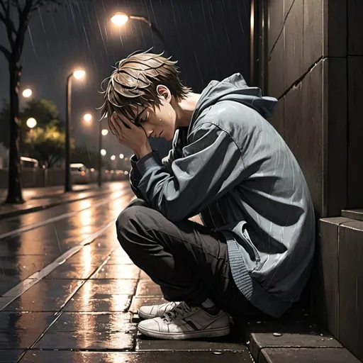 Prompt:  anime art drawing. a young man sitting sideways on a dark rainy sidewalk with his face in his hands fretting and worrying with tears