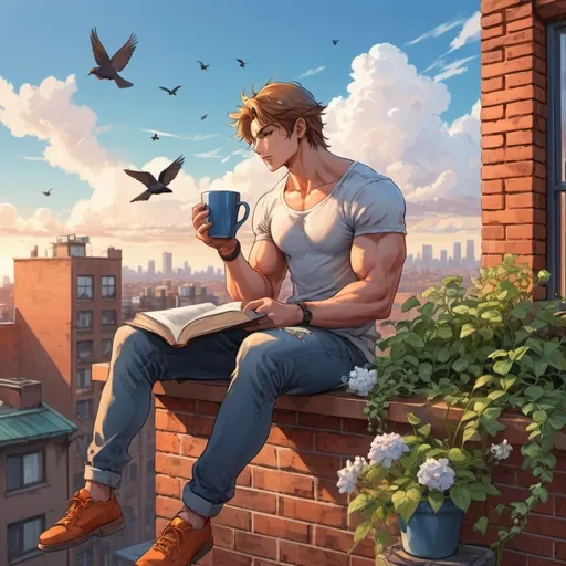 Prompt: anime art. strong muscular kind young man sitting on a city roof top balcony wood and brick reading, drinking steaming coffee, table chair, green plants vine flowers birds singing. urban colorful city orange and blue skies.