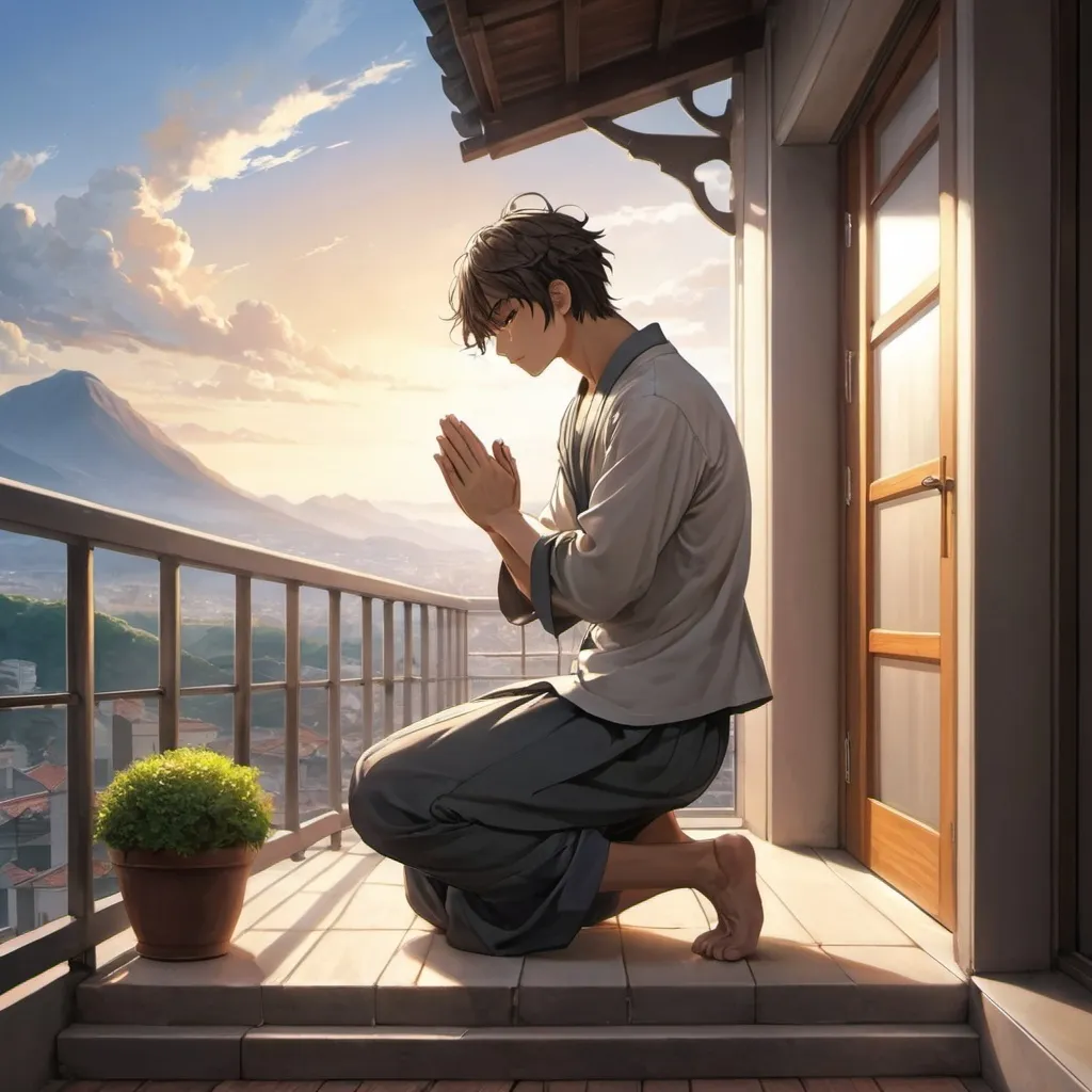 Prompt: masterpiece, anime art. a strong young man kneeling on his balcony whit his hands folded in prayer.
