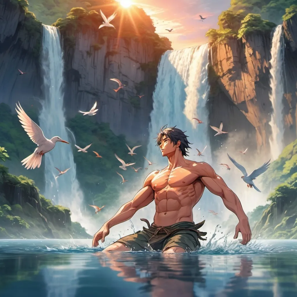 Prompt: anime art. a strong muscular young warrior swimming on his back at peace, calm and happy. beautiful waterfall from a tropical mountain. sunset and birds. water reflection.