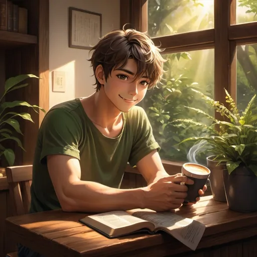 Prompt: anime art. strong young man sitting at a dark wooden counter in a coffee shop, smelling, reading Bible happy, sun rising throw Windows, green plants. steaming coffee. good smells.