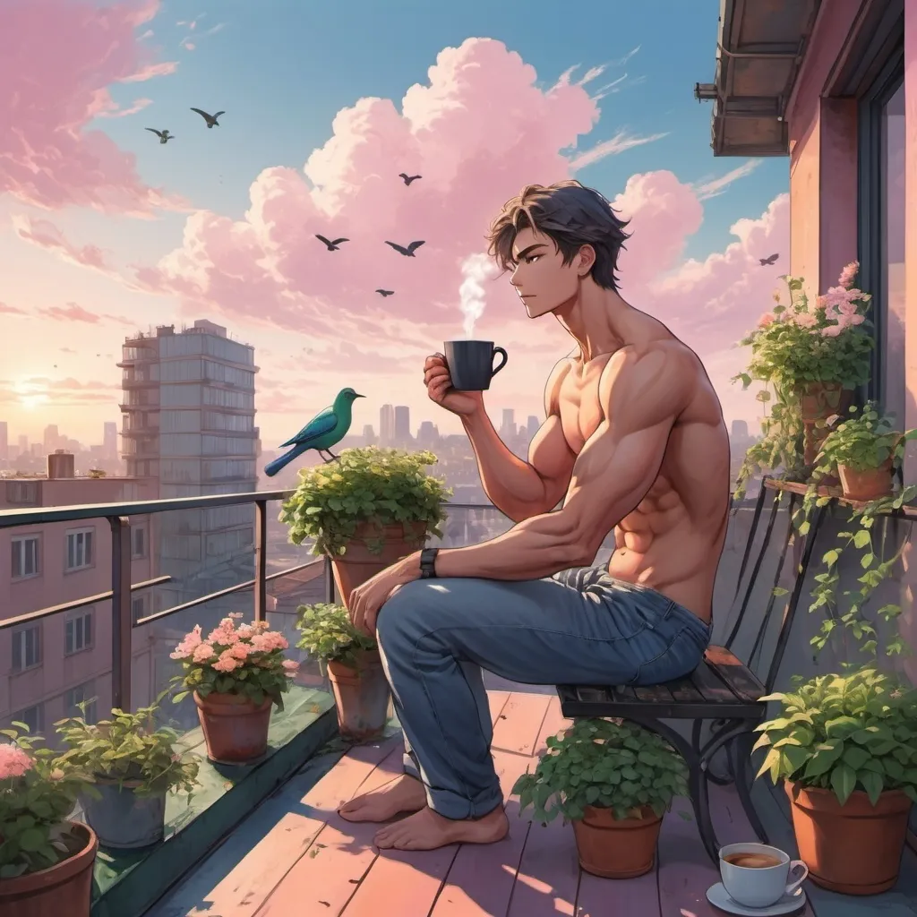 Prompt: anime art. strong muscular young man sitting on a city roof top balcony drinking steaming coffee, table chair, green plants vine flowers birds singing. big city pink, orange and blue skies.