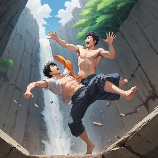 Prompt: a strong man catching a falling man. anime art painting