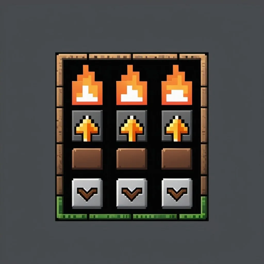 Prompt: Minecraft-style user interface with 3 slots, small flame between top and bottom slots, arrow pointing to the result slot, game-minecraft style, pixel art, crafting interface, 8-bit, blocky design, rustic color palette, ambient lighting, crafting table UI, 3 slot layout, flame detail, pixel art, user-friendly interface
