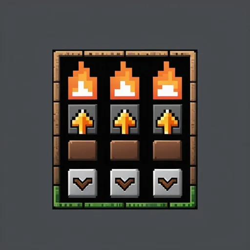 Prompt: Minecraft-style user interface with 3 slots, small flame between top and bottom slots, arrow pointing to the result slot, game-minecraft style, pixel art, crafting interface, 8-bit, blocky design, rustic color palette, ambient lighting, crafting table UI, 3 slot layout, flame detail, pixel art, user-friendly interface