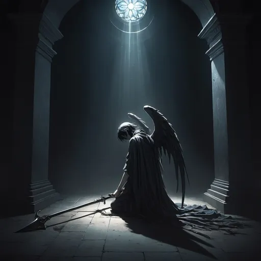 Prompt: A powerful anime-style scene capturing the final moments of someone's life. The person is lying down, their face filled with sorrow and acceptance, as a dark, ethereal angel of death stands beside them, holding a scythe. The background is filled with an overwhelming sense of sadness, with dim, cold colors. In the distance, a glowing doorway of light opens, symbolizing the passage to the afterlife. The light shines softly, contrasting the darkness around it, as if inviting the soul to step through. The overall mood conveys both loss and transcendence.