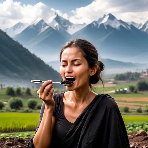 Prompt: Woman eating Shilajit with one spoon, with mountains and luscious fields in the background