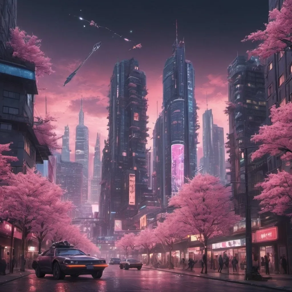 Prompt: realistic large city with blossom pink trees and neon cyber punk vibe flying cars and tall buildings with lights
