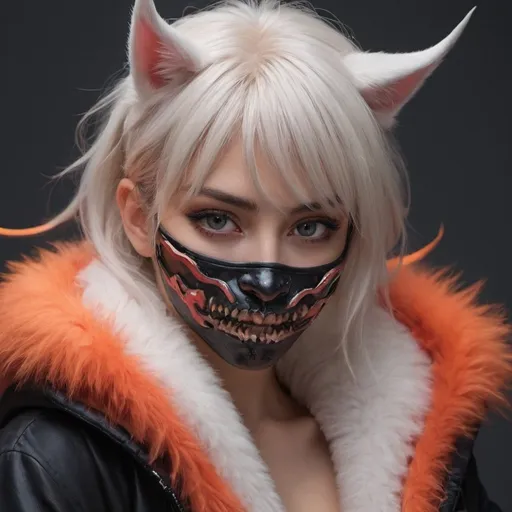 Prompt: anime styled eyes on a realistic womans face whose wearing a half mask a neon katana in one hand and a realist fur coat fighting a demon
