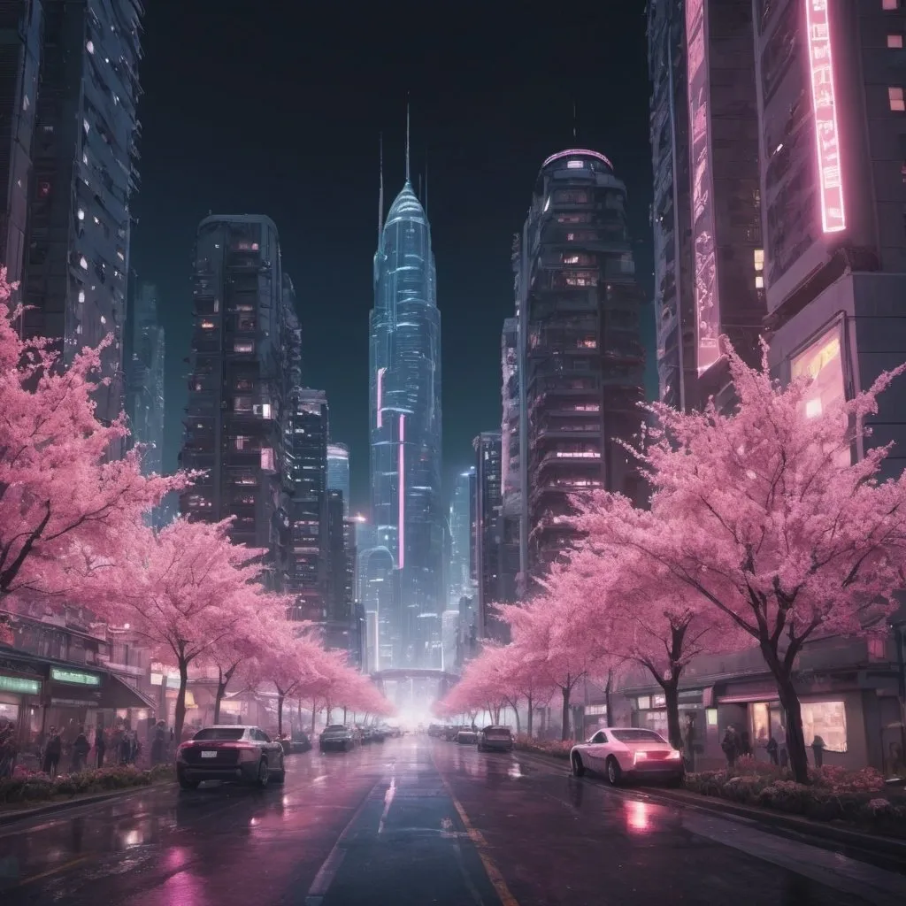 Prompt: realistic large city with blossom pink trees and neon cyber punk vibe flying cars and tall buildings with lights
