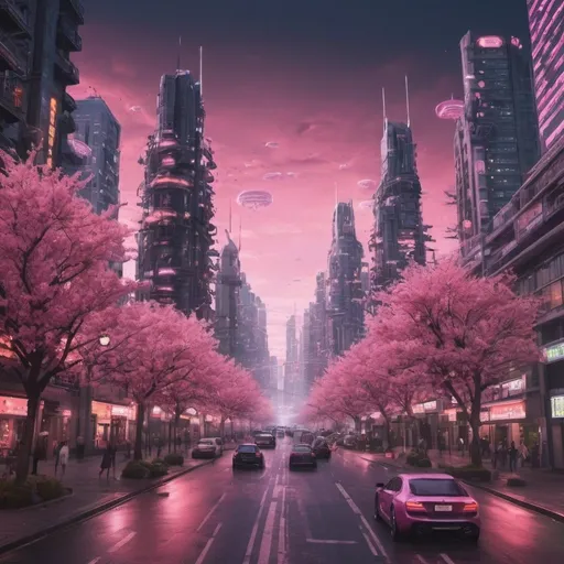 Prompt: realistic large city with blossom pink trees and neon cyber punk vibe flying cars and tall buildings with lights
