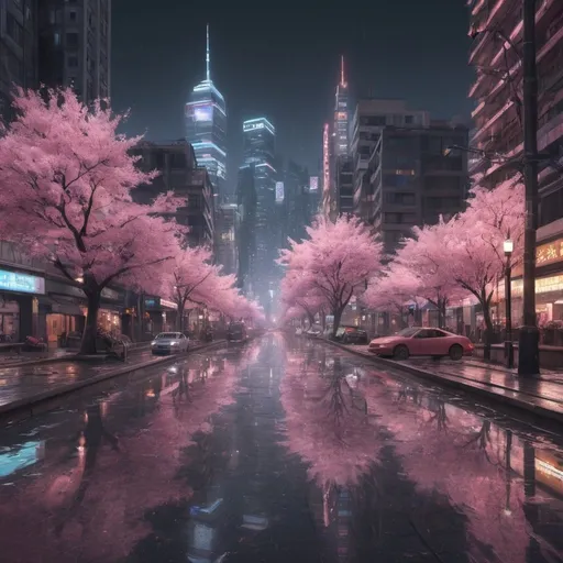 Prompt: realistic large city with blossom pink trees and neon cyber punk vibe flying cars and tall buildings with lights night time rain reflective puddles on the ground
