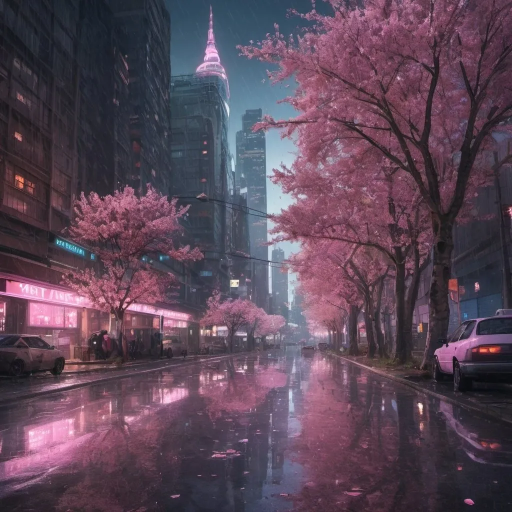 Prompt: realistic large city with blossom pink trees and neon cyber punk vibe flying cars and tall buildings with lights night time rain reflective puddles on the ground
