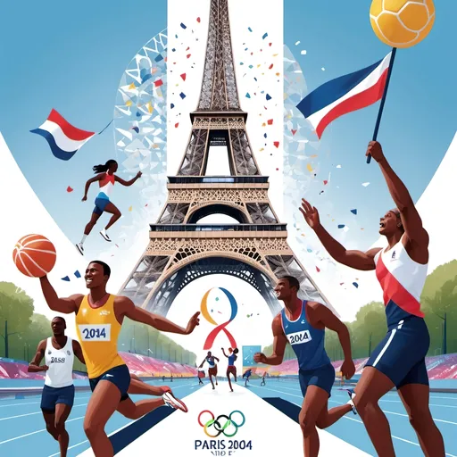 Prompt: “Illustration celebrating the Paris 2024 Olympics, featuring the Eiffel Tower and athletes from various sports in action. Blend elements of French culture and iconic landmarks like the Arc de Triomphe with modern sports venues. Capture a festive and inspiring atmosphere.”