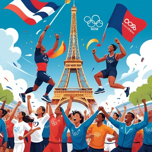 Prompt: “Illustration celebrating the Paris 2024 Olympics, featuring the Eiffel Tower and athletes from various sports in action. Blend elements of French culture and iconic landmarks like the Arc de Triomphe with modern sports venues. Capture a festive and inspiring atmosphere.”