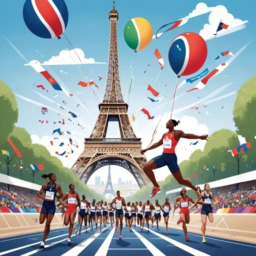 Prompt: “Illustration celebrating the Paris 2024 Olympics, featuring the Eiffel Tower and athletes from various sports in action. Blend elements of French culture and iconic landmarks like the Arc de Triomphe with modern sports venues. Capture a festive and inspiring atmosphere.”