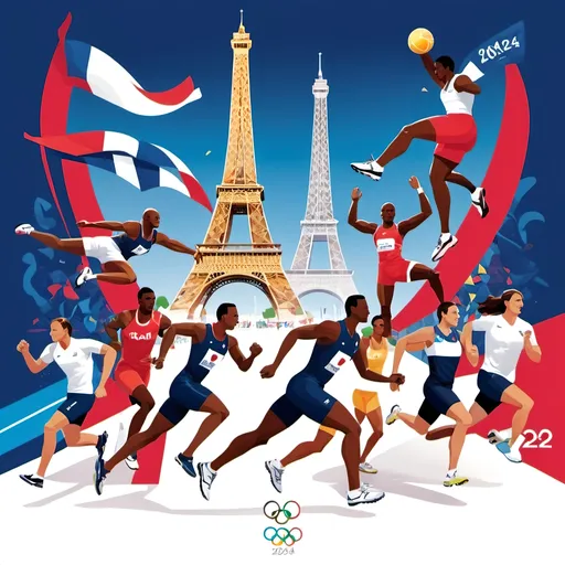 Prompt: “Illustration celebrating the Paris 2024 Olympics, featuring the Eiffel Tower and athletes from various sports in action. Blend elements of French culture and iconic landmarks like the Arc de Triomphe with modern sports venues. Capture a festive and inspiring atmosphere.”