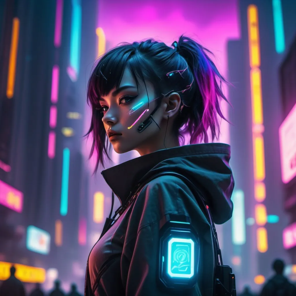 Prompt: Anime cyberpunk style, please help me create a women with illusion effect, and the face dun need to be clear