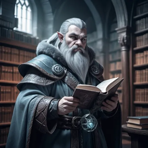Prompt: young gray skinned dwarf mind mage holding a book in eldritch library, fantasy character art, illustration, dnd, cold tone, from angle, sinister