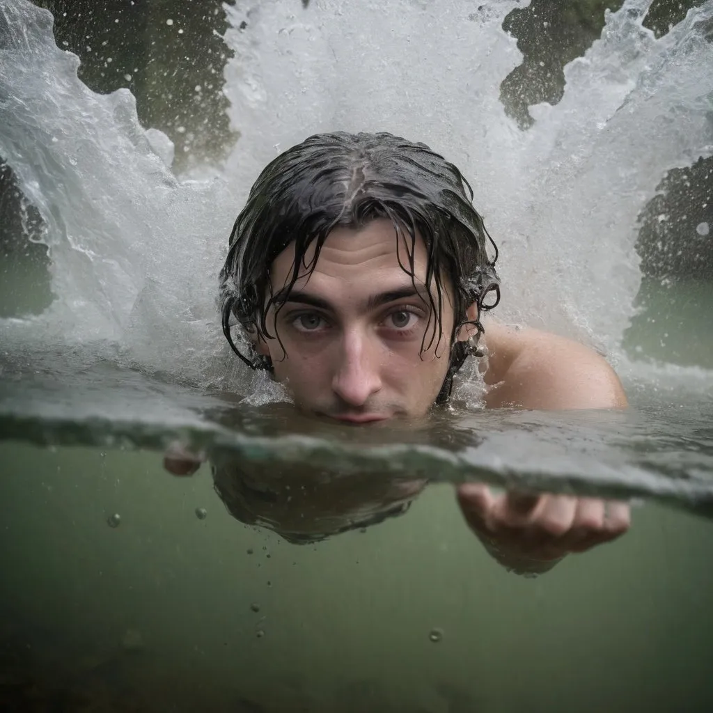 Prompt: Stile fotografico, rappresento me stessa mentre esco la testa fuori dall'acqua dopo un immersione e avverto un forte senso di libertà 